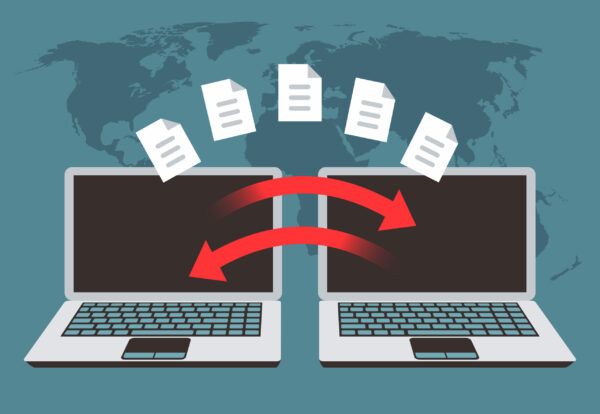 Information exchange between computers. File transfer, data management and backup files vector concept. Transfer document and file, technology backup illustration
