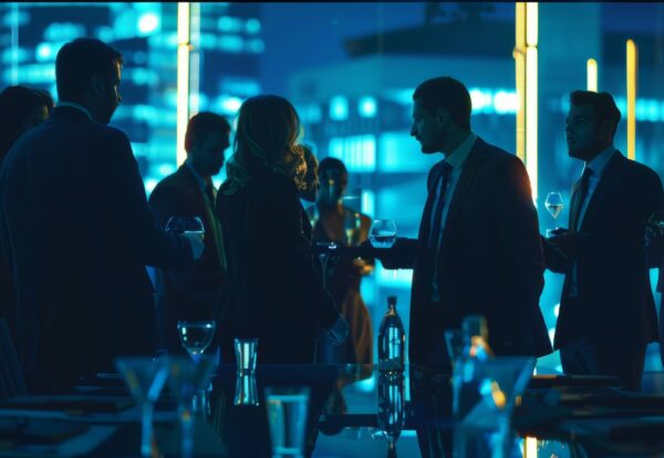 Diverse corporate businesspeople conduct heated discussions around a touch screen table. A meeting of the board of directors of a foreign trade company is underway.